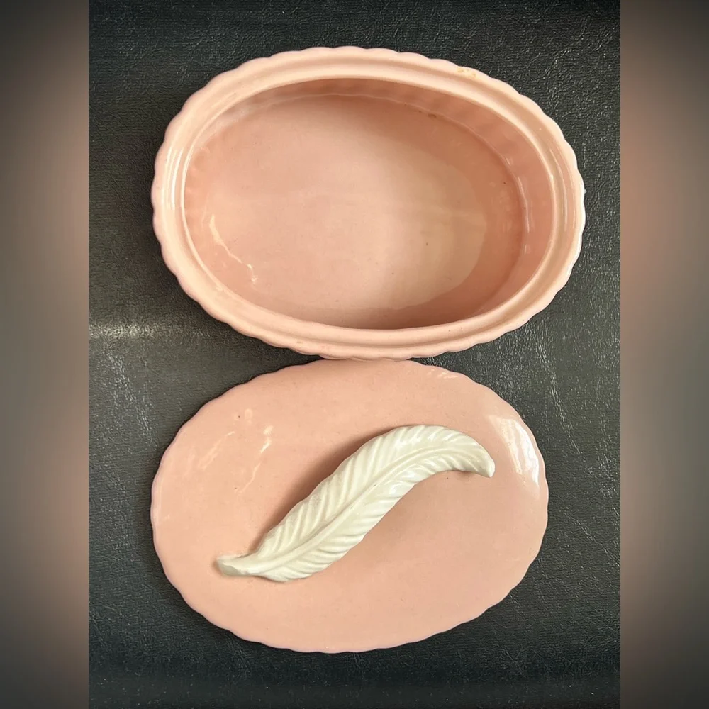 Vintage Crownford ceramic Oval Dish With Lid feather, Trinket Box, jewelry box